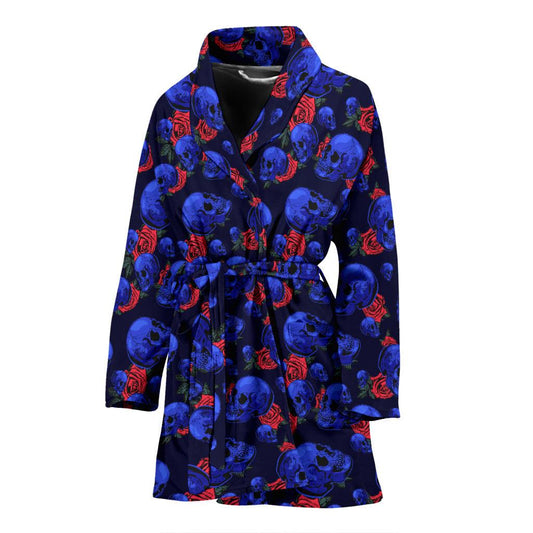 Skull Roses Neon Design Themed Print Women Bath Robe-JTAMIGO.COM