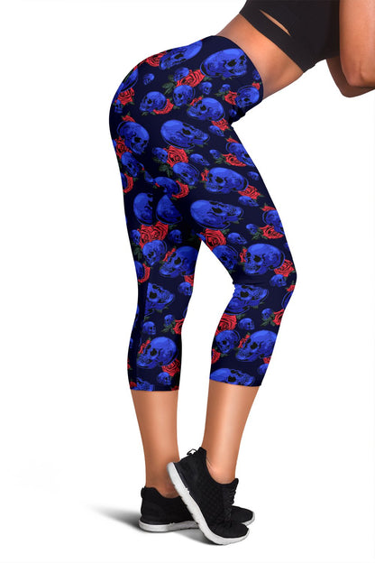 Skull Roses Neon Design Themed Print Women Capris