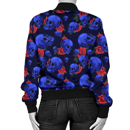 Skull Roses Neon Design Themed Print Women Casual Bomber Jacket