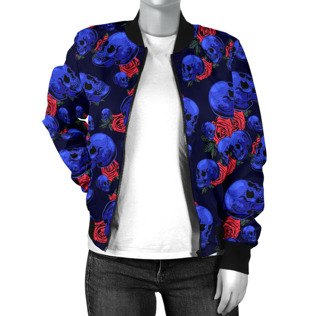 Skull Roses Neon Design Themed Print Women Casual Bomber Jacket