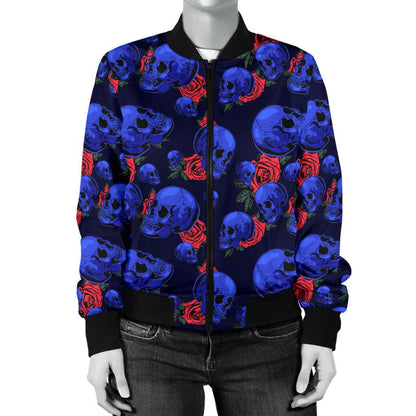 Skull Roses Neon Design Themed Print Women Casual Bomber Jacket