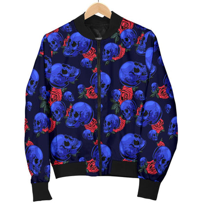 Skull Roses Neon Design Themed Print Women Casual Bomber Jacket