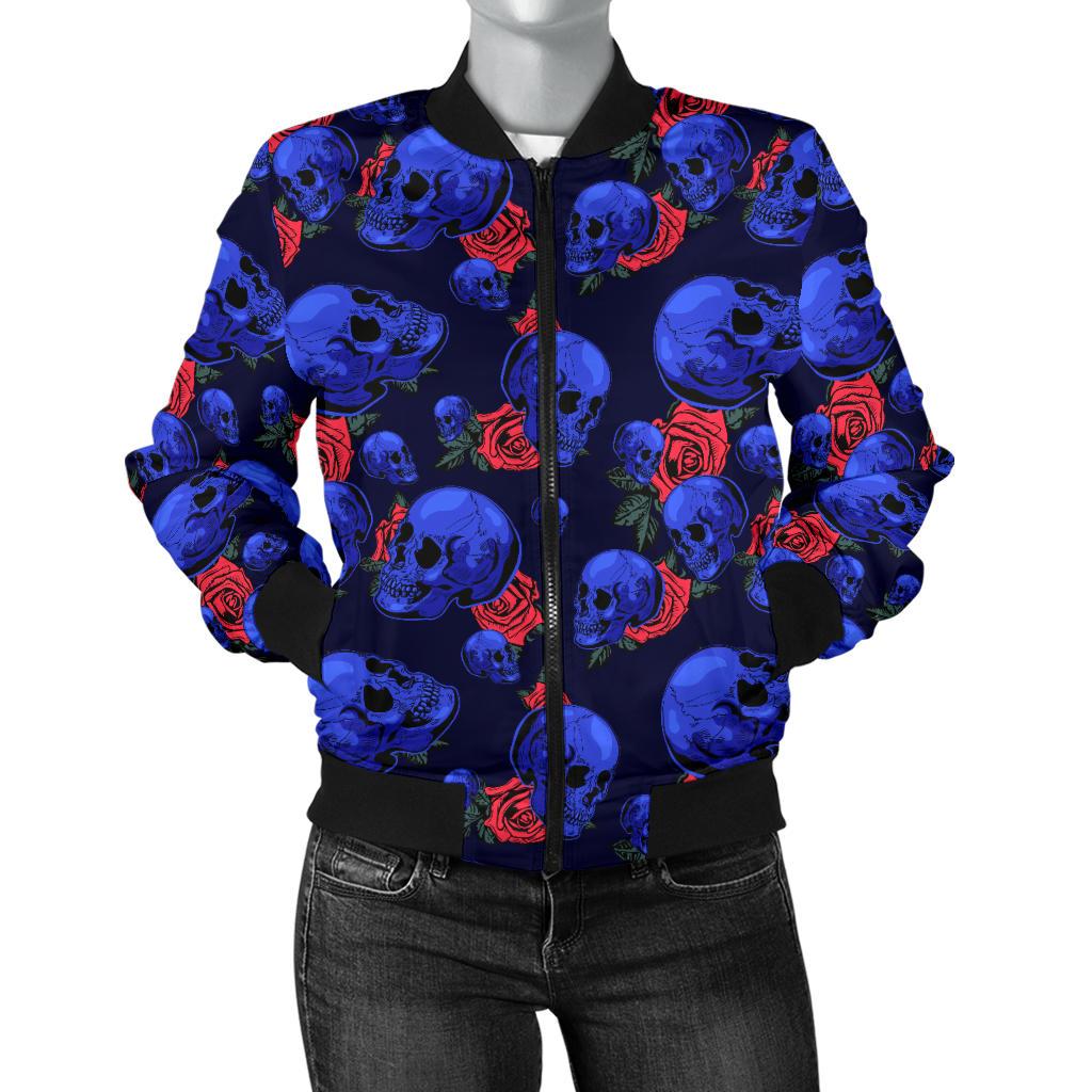 Skull Roses Neon Design Themed Print Women Casual Bomber Jacket