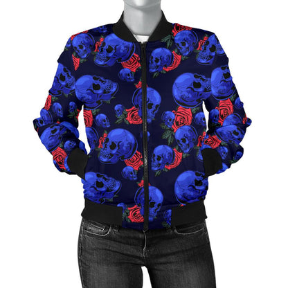 Skull Roses Neon Design Themed Print Women Casual Bomber Jacket
