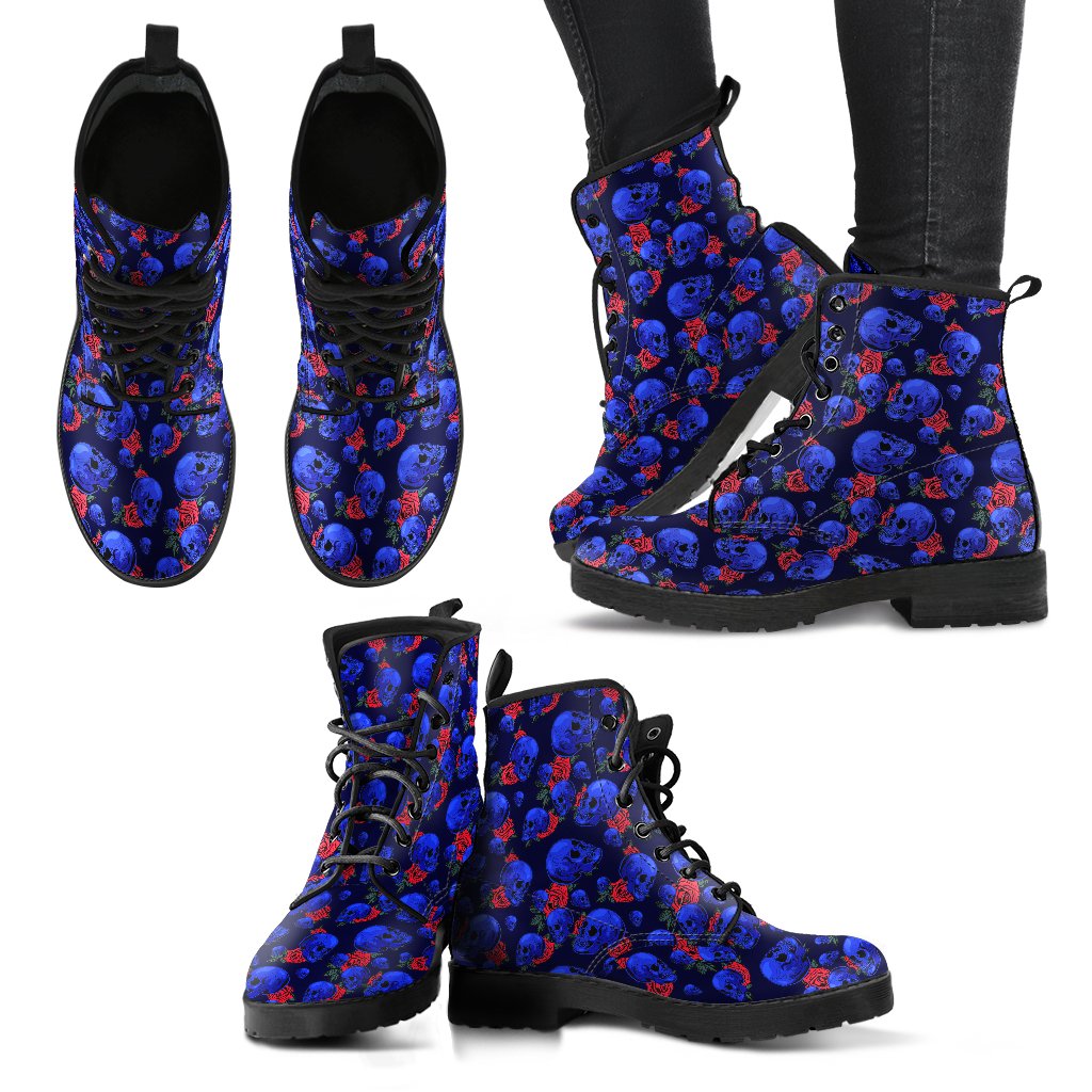 Skull Roses Neon Design Themed Print Women Leather Boots-JTAMIGO.COM
