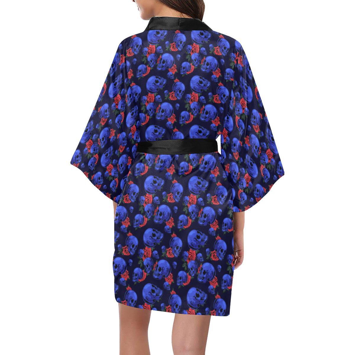 Skull Roses Neon Design Themed Print Women Short Kimono Robe