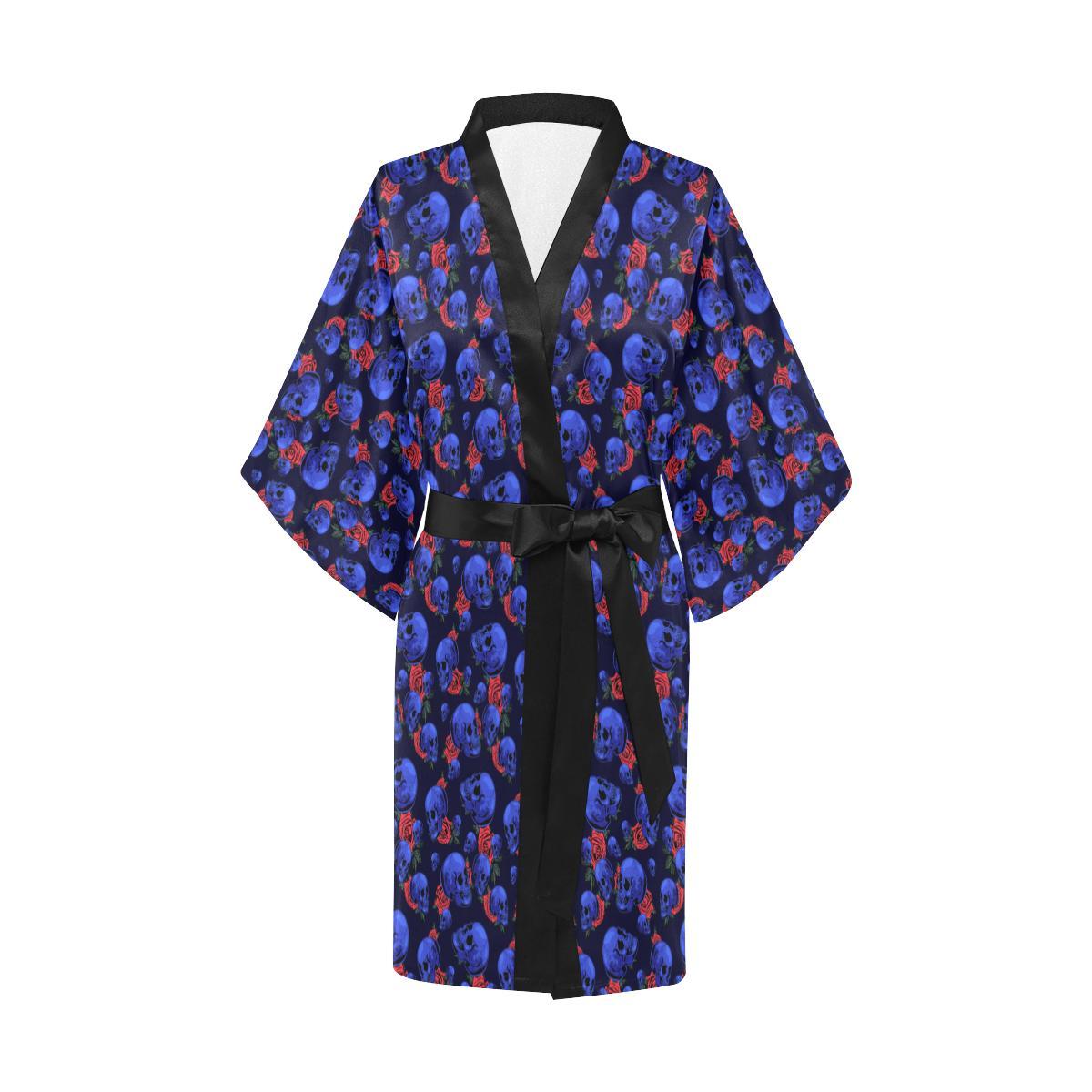 Skull Roses Neon Design Themed Print Women Short Kimono Robe
