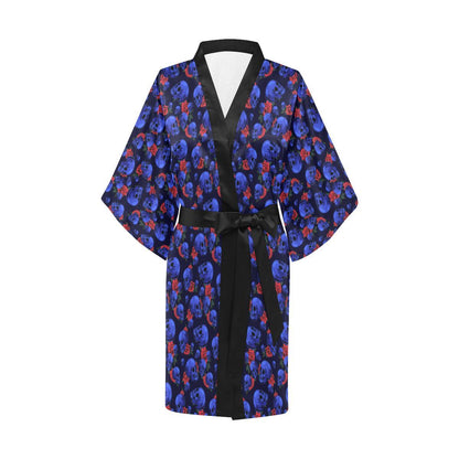 Skull Roses Neon Design Themed Print Women Short Kimono Robe