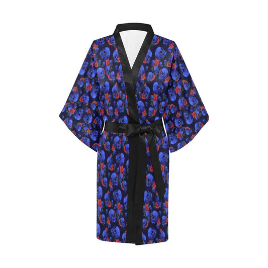 Skull Roses Neon Design Themed Print Women Short Kimono Robe