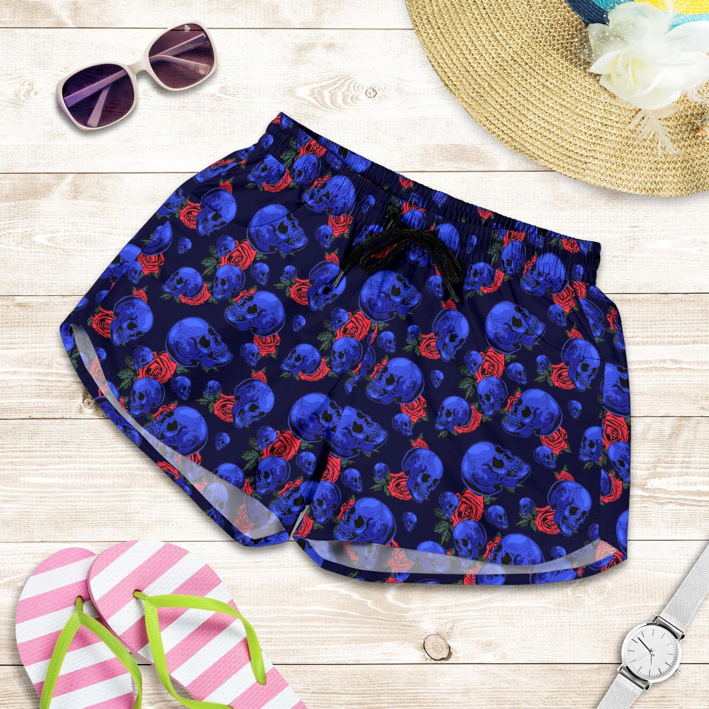 Skull Roses Neon Design Themed Print Women Shorts-JTAMIGO.COM
