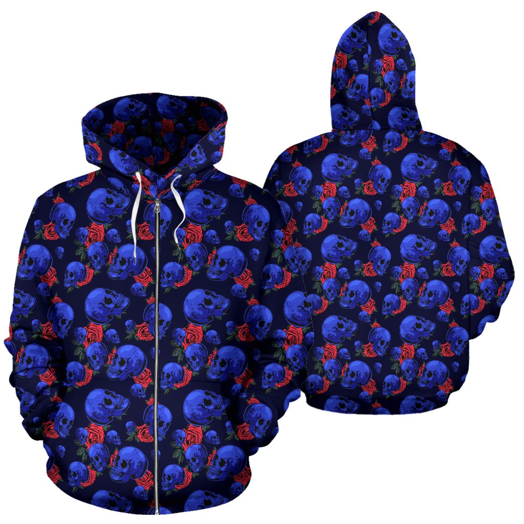 Skull Roses Neon Design Themed Print Zip Up Hoodie