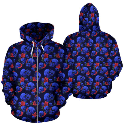 Skull Roses Neon Design Themed Print Zip Up Hoodie