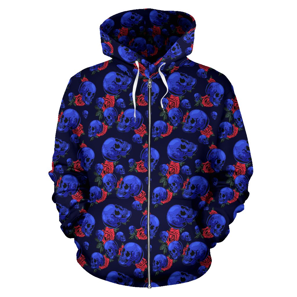 Skull Roses Neon Design Themed Print Zip Up Hoodie