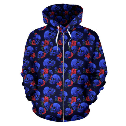 Skull Roses Neon Design Themed Print Zip Up Hoodie