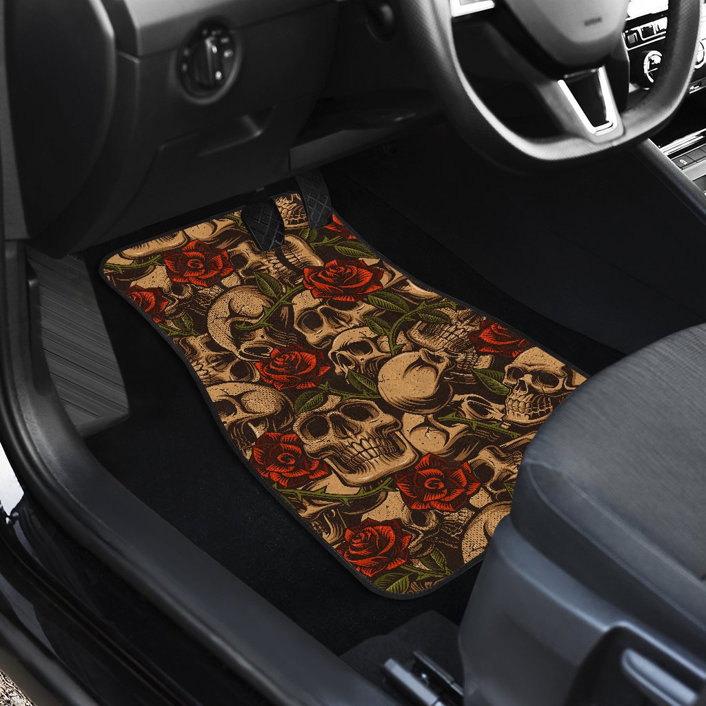 Skull Roses Vintage Design Themed Print Car Floor Mats