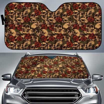Skull Roses Vintage Design Themed Print Car Sun Shade For Windshield