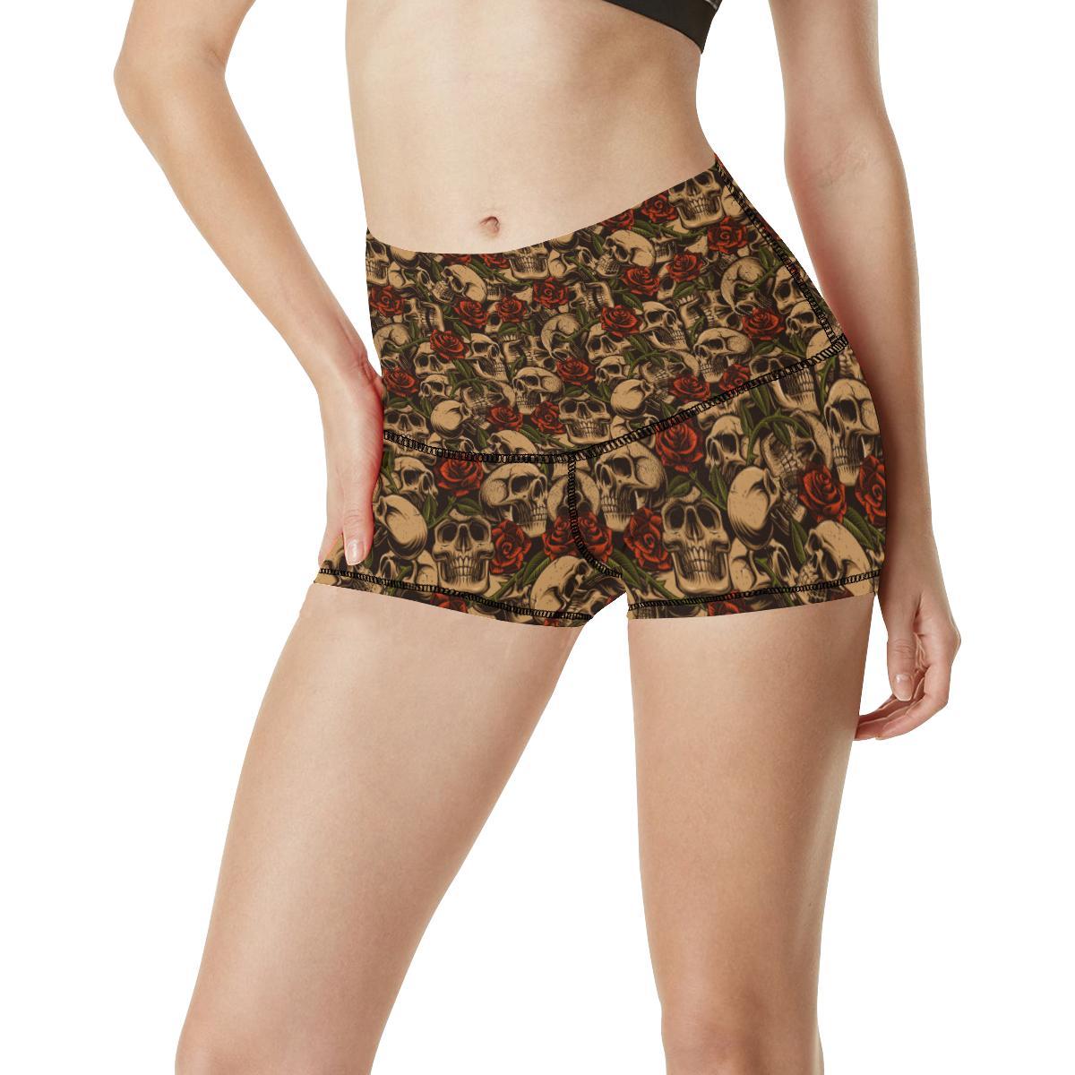 Skull Roses Vintage Design Themed Print High Waisted Spandex Shorts-JTAMIGO.COM