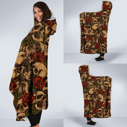 Skull Roses Vintage Design Themed Print Hooded Blanket-JTAMIGO.COM