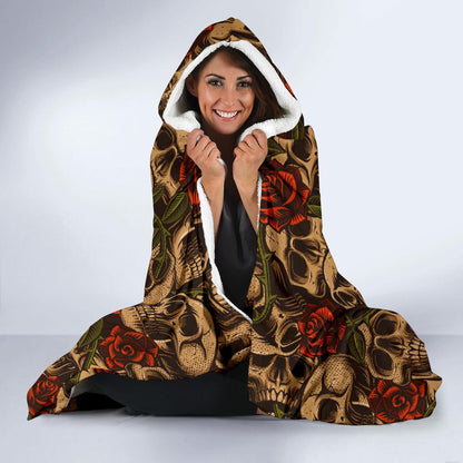 Skull Roses Vintage Design Themed Print Hooded Blanket-JTAMIGO.COM