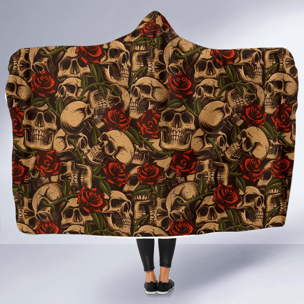 Skull Roses Vintage Design Themed Print Hooded Blanket-JTAMIGO.COM