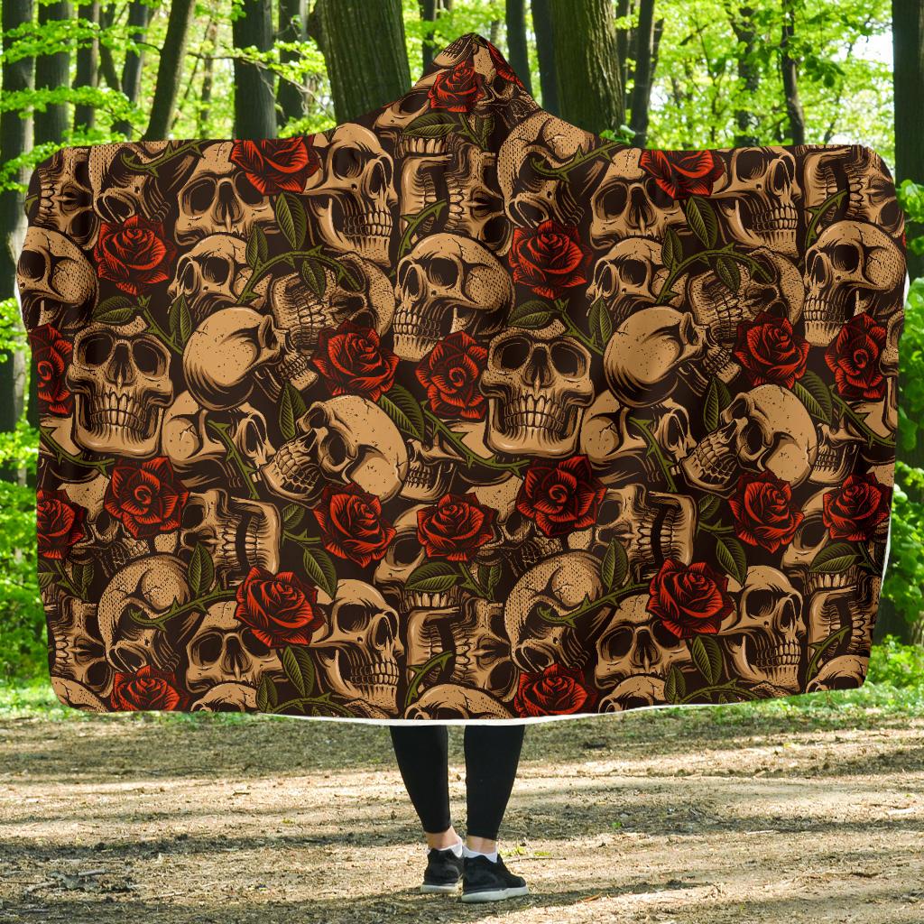 Skull Roses Vintage Design Themed Print Hooded Blanket-JTAMIGO.COM
