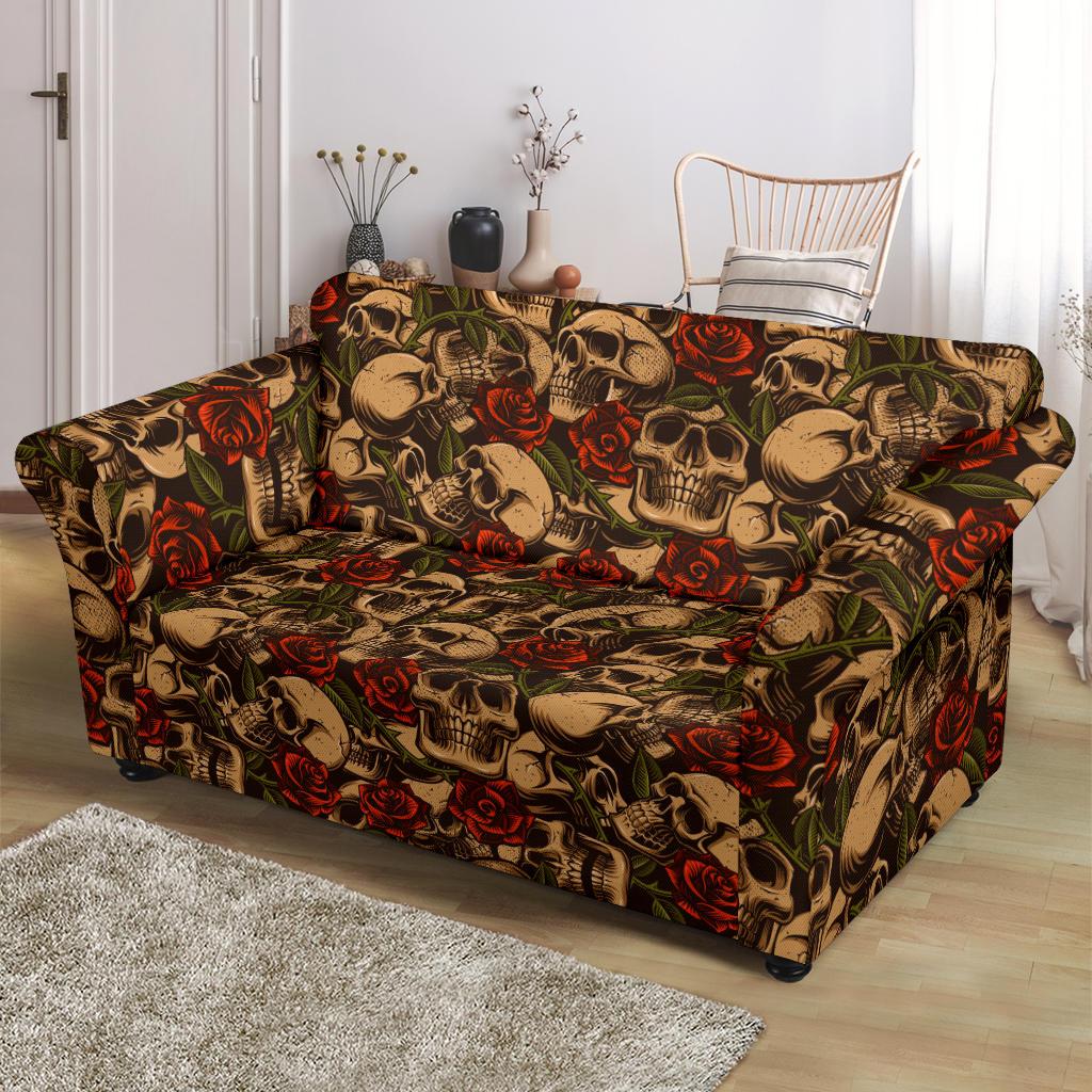 Skull Roses Vintage Design Themed Print Loveseat Slipcover-JTAMIGO.COM