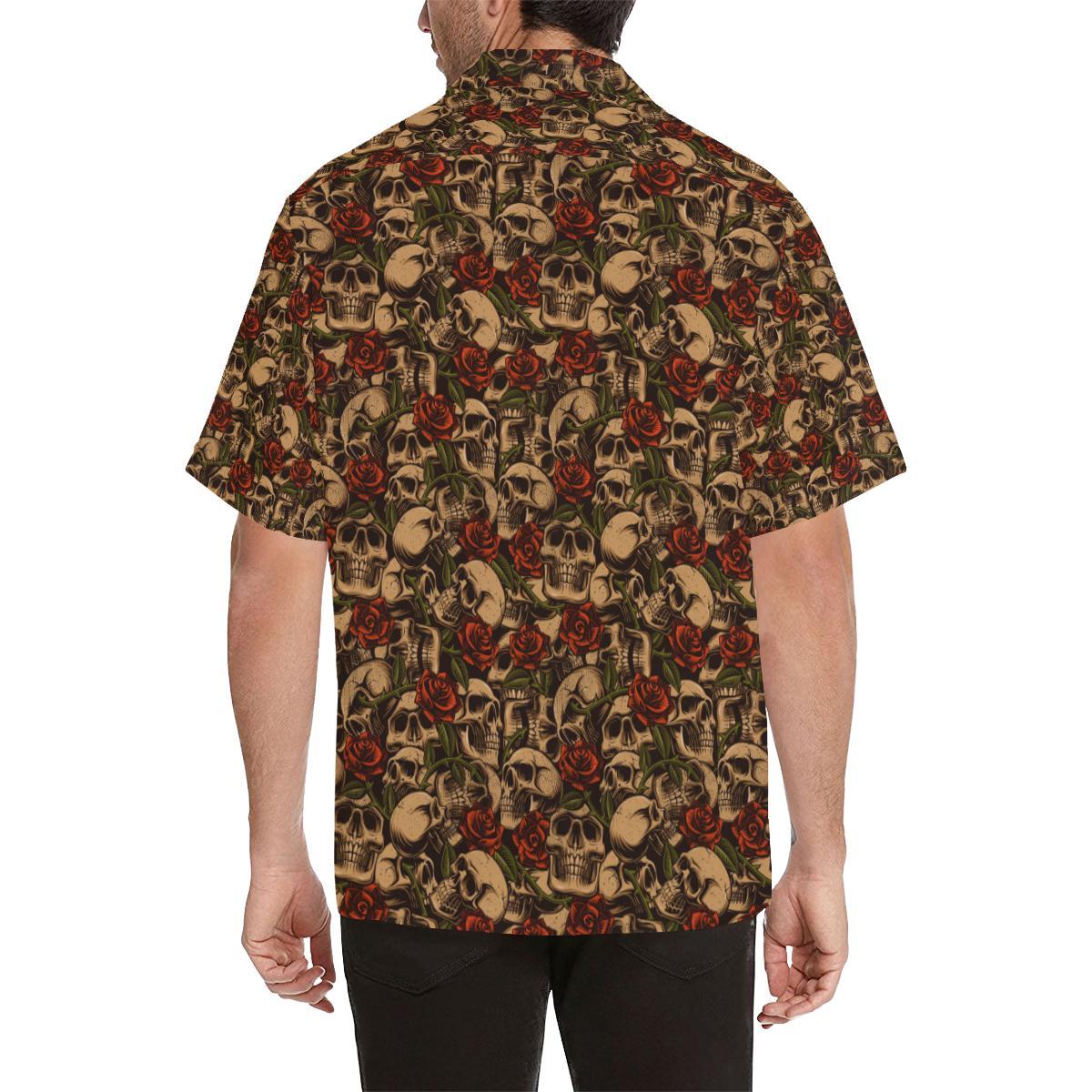 Skull Roses Vintage Design Themed Print Men Aloha Hawaiian Shirt