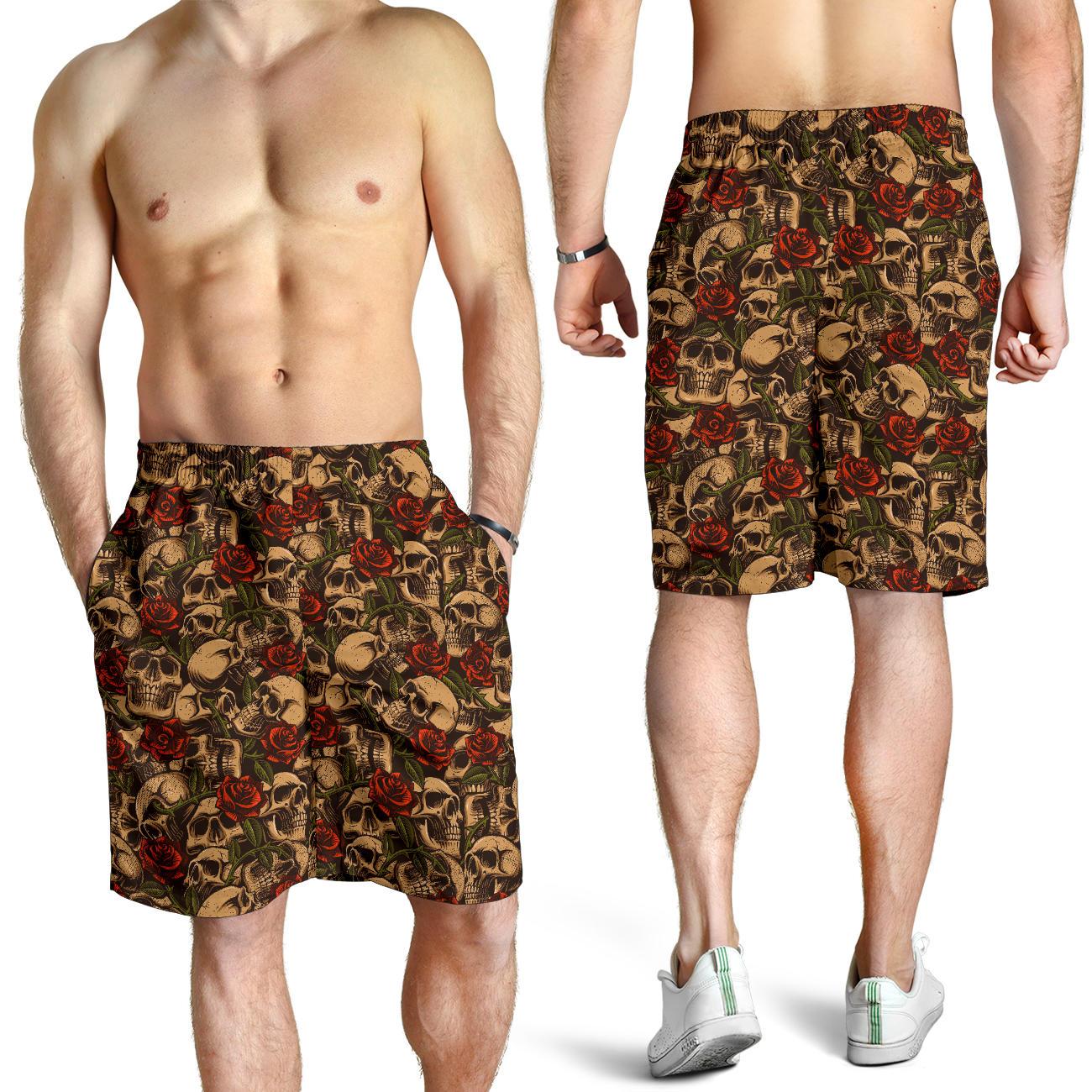 Skull Roses Vintage Design Themed Print Mens Shorts-JTAMIGO.COM