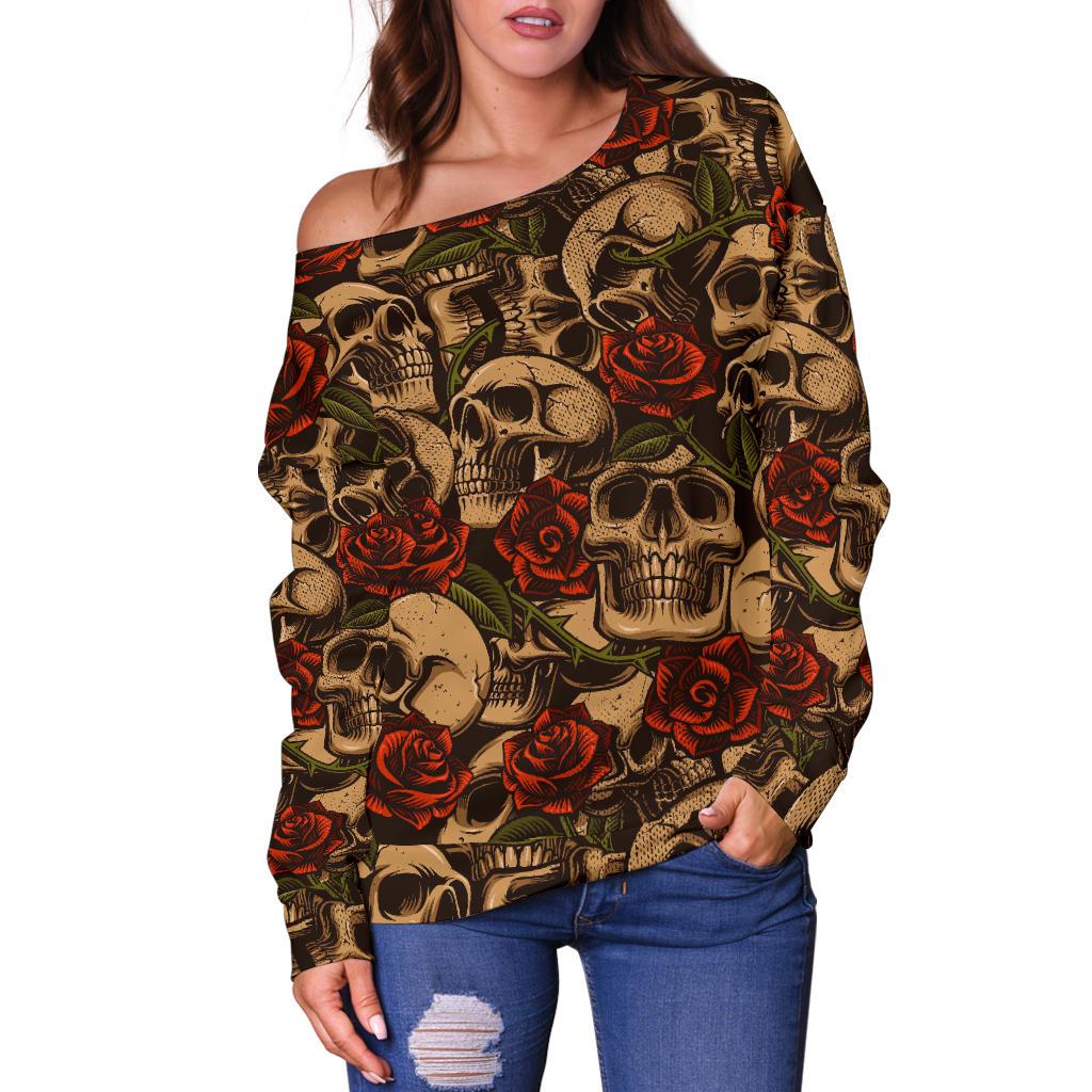 Skull Roses Vintage Design Themed Print Off Shoulder Sweatshirt