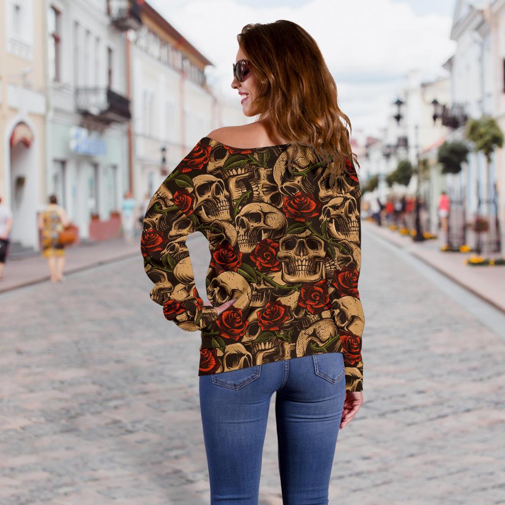Skull Roses Vintage Design Themed Print Off Shoulder Sweatshirt