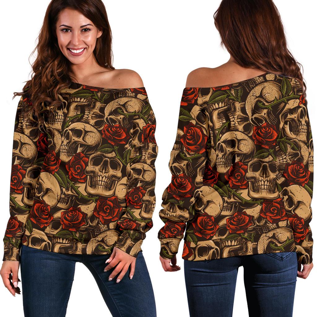 Skull Roses Vintage Design Themed Print Off Shoulder Sweatshirt