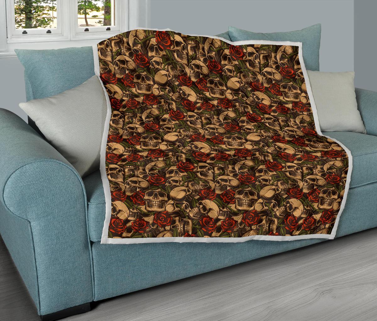 Skull Roses Vintage Design Themed Print Premium Quilt-JTAMIGO.COM