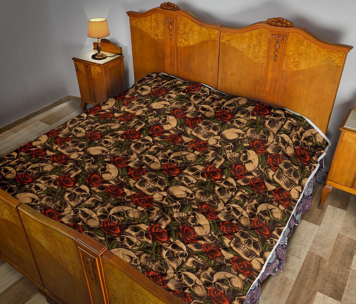 Skull Roses Vintage Design Themed Print Premium Quilt-JTAMIGO.COM