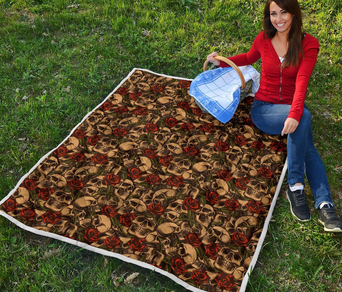 Skull Roses Vintage Design Themed Print Premium Quilt-JTAMIGO.COM
