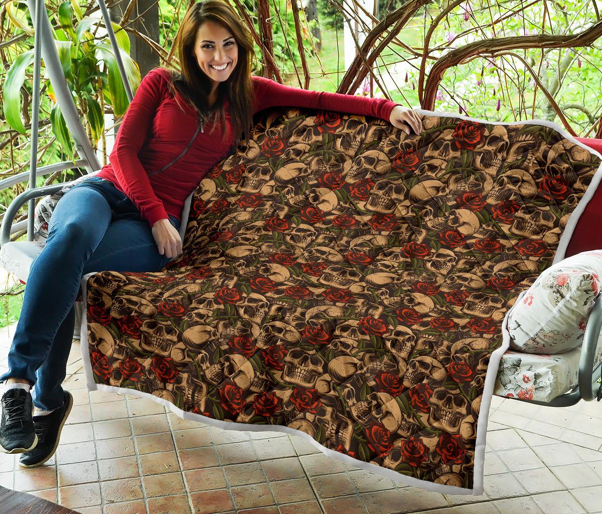 Skull Roses Vintage Design Themed Print Premium Quilt-JTAMIGO.COM