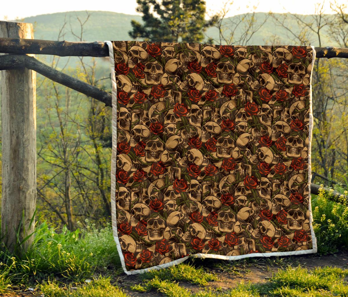 Skull Roses Vintage Design Themed Print Premium Quilt-JTAMIGO.COM
