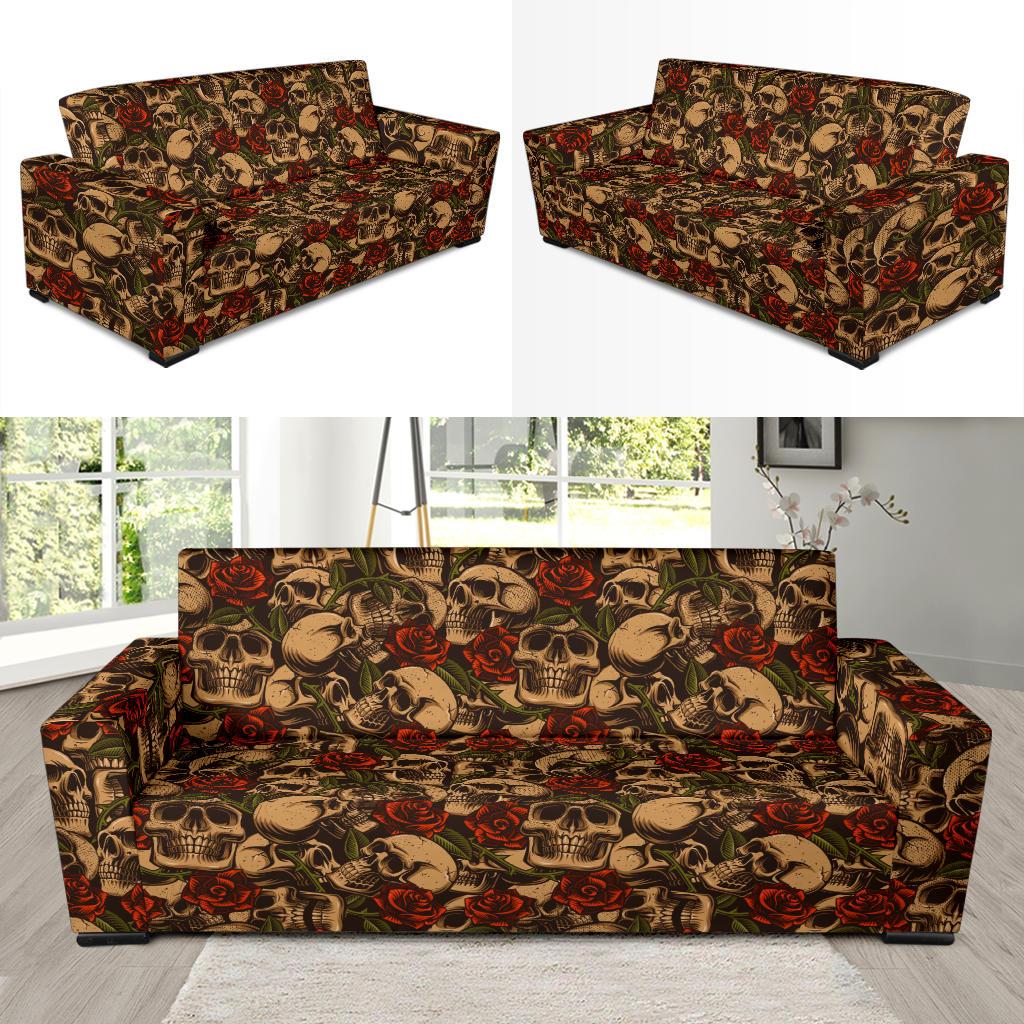 Skull Roses Vintage Design Themed Print Sofa Slipcover-JTAMIGO.COM
