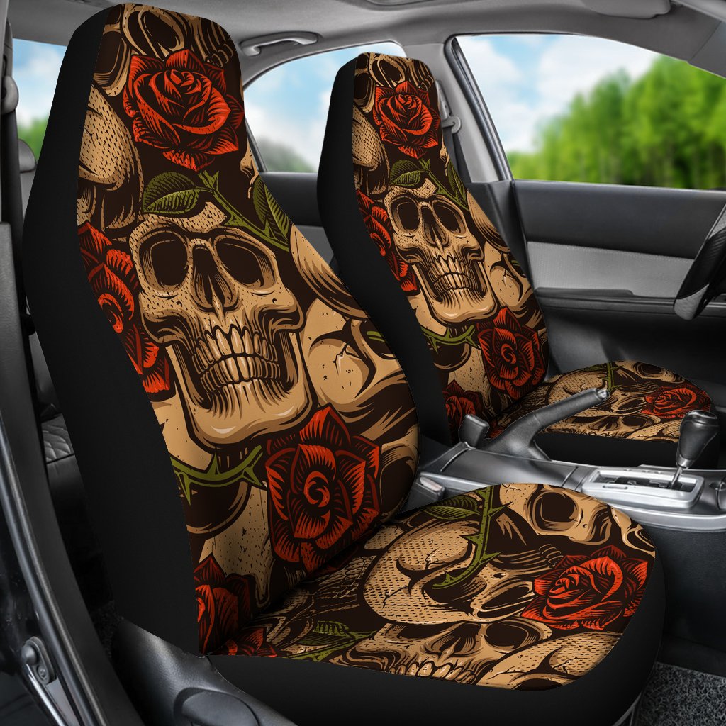 Skull Roses Vintage Design Themed Print Universal Fit Car Seat Covers
