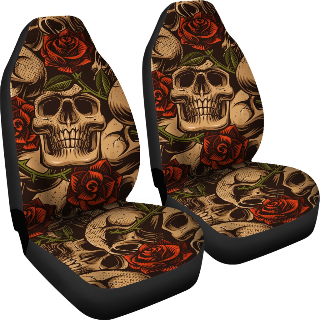 Skull Roses Vintage Design Themed Print Universal Fit Car Seat Covers