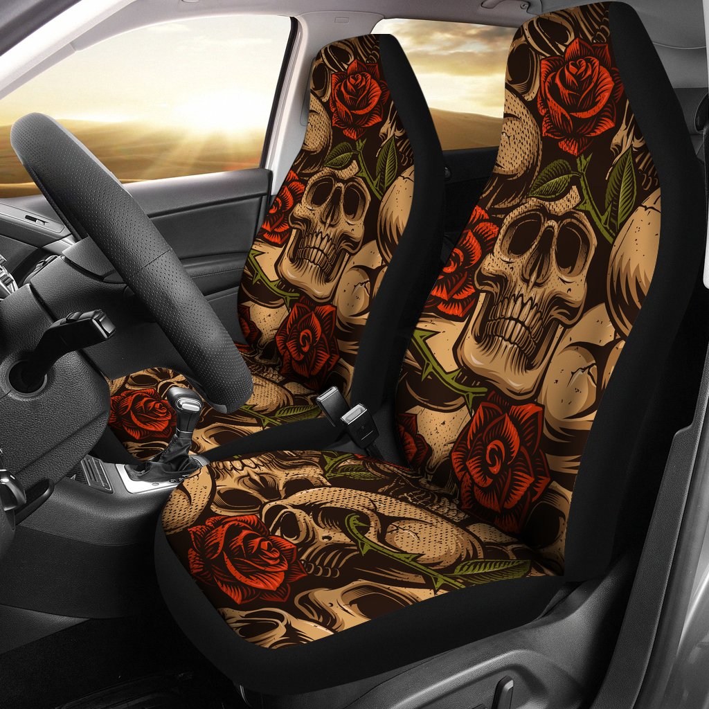 Skull Roses Vintage Design Themed Print Universal Fit Car Seat Covers