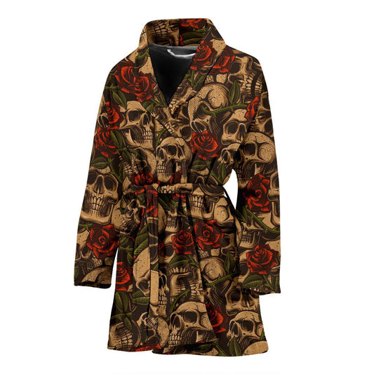 Skull Roses Vintage Design Themed Print Women Bath Robe-JTAMIGO.COM