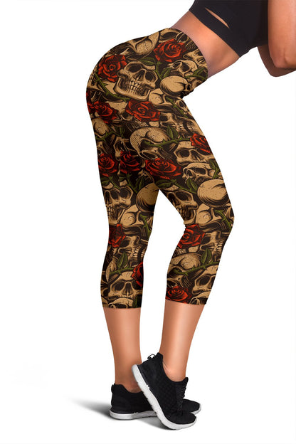 Skull Roses Vintage Design Themed Print Women Capris