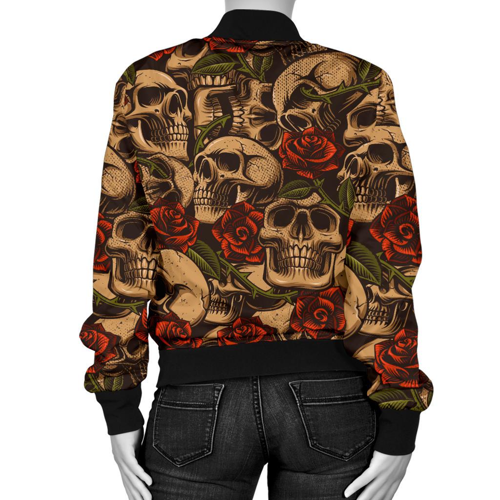 Skull Roses Vintage Design Themed Print Women Casual Bomber Jacket