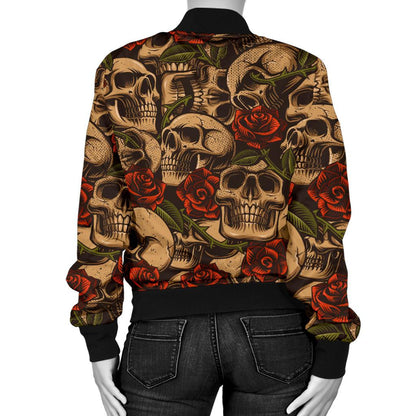 Skull Roses Vintage Design Themed Print Women Casual Bomber Jacket