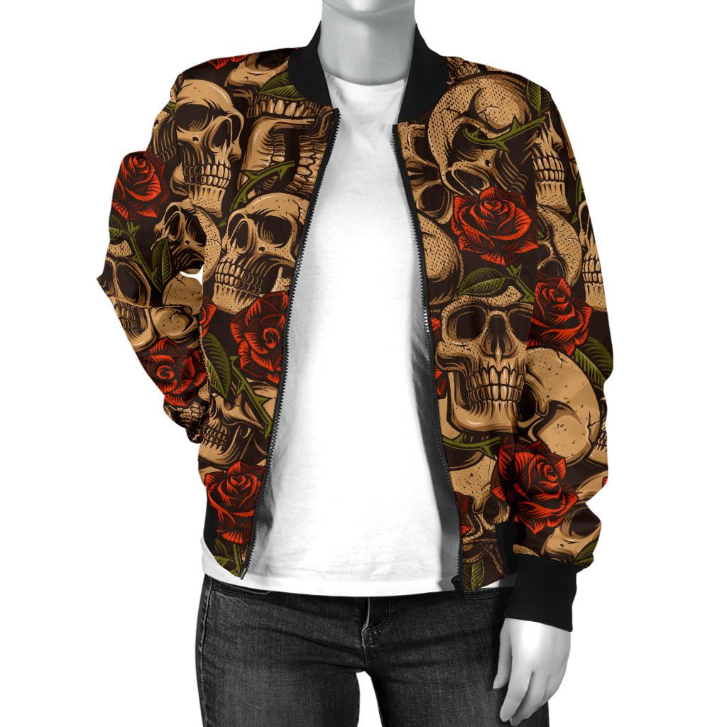 Skull Roses Vintage Design Themed Print Women Casual Bomber Jacket