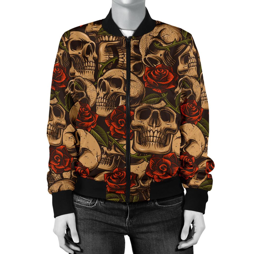 Skull Roses Vintage Design Themed Print Women Casual Bomber Jacket