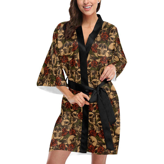 Skull Roses Vintage Design Themed Print Women Short Kimono Robe