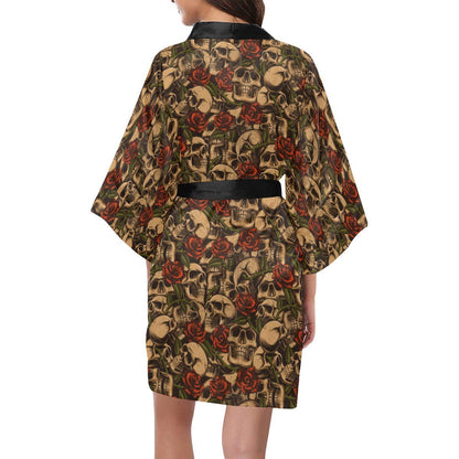 Skull Roses Vintage Design Themed Print Women Short Kimono Robe