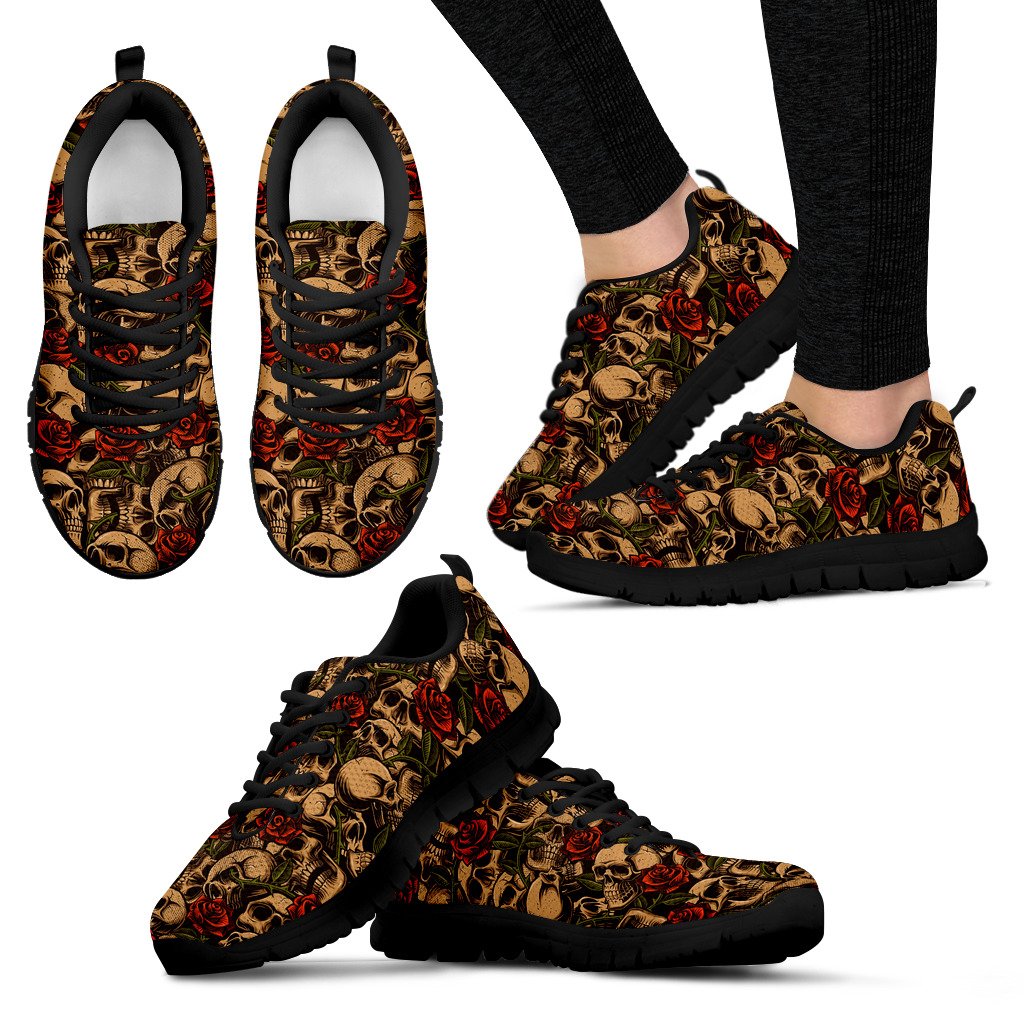 Skull Roses Vintage Design Themed Print Women Sneakers Shoes
