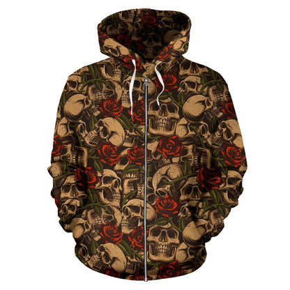 Skull Roses Vintage Design Themed Print Zip Up Hoodie